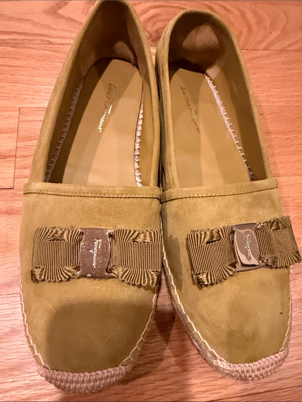 Salvatore Ferragamo Elodie Moutarde Suede Espadrille Loafers with Ribbon Trim